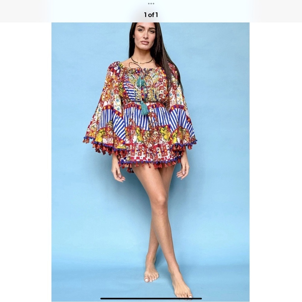Antica Sartoria Red Orange Colorful Beaded lemonFloral Romper NWT O/S